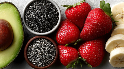 Healthy breakfast with avocado chia seeds strawberries and banana AI Generated