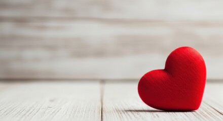 A single red velvet heart shape ornament sitting on a white wooden surface isolated on white background