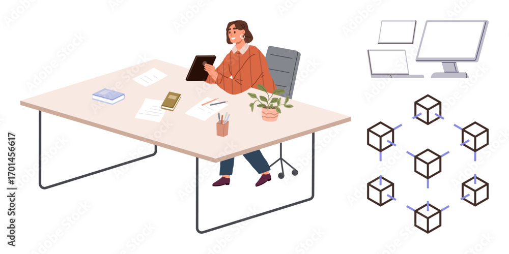 Poster businesswoman seated at desk analyzing a tablet. nearby are blockchain network nodes and computer sc