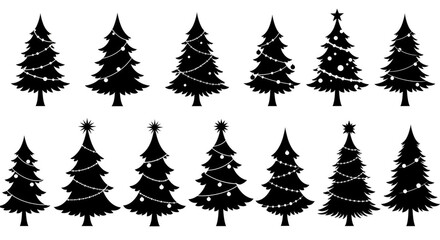 Fototapeta premium Minimalist Black Silhouette Christmas Tree Illustration with Light and Star Icon