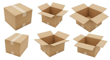 Fototapeta premium Isolated Assortment of Brown Cardboard Box in Different Open and Closed Styles