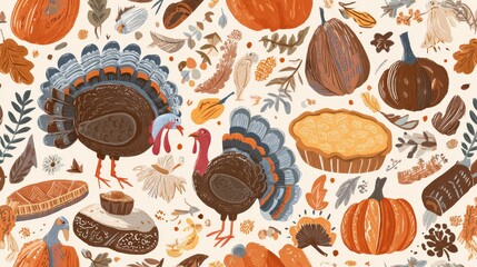 Thanksgiving cultural seamless pattern with turkeys, pumpkins, pies and autumn leaves, high-resolution festive seasonal design
