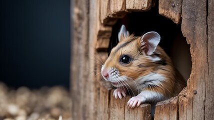 Cute hamster peeking from wooden hole
