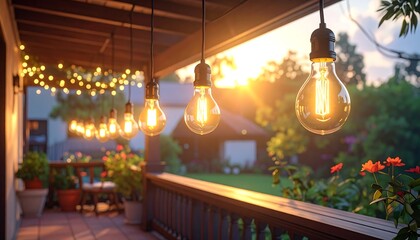 Warm, inviting outdoor porch bathed in the golden glow of string lights and Edison bulbs at sunset.