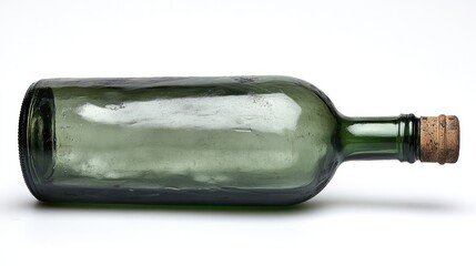 Studio shot of an old glass wine bottle with a cork stopper isolated on white surface