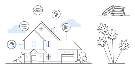 Modern house linked to smart devices for lighting, security, energy, and water control. Ideal for technology, energy efficiency, home automation, sustainability, security IoT and modern living