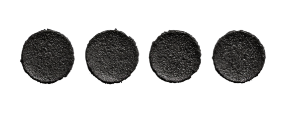 Five dark circular shapes with textured surfaces