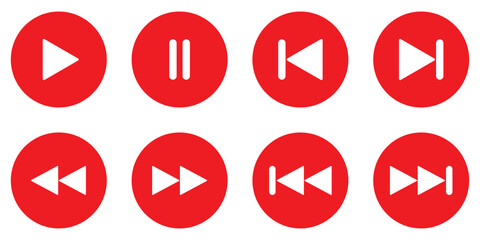 Play icon set. Media player controls with play, pause, stop, record, rewind and forward vector illustration. Universal video and music navigation symbol. Interface playback UI sign. Control pictogram