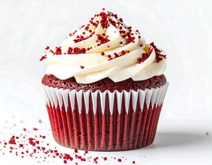 Close-up of a rich red velvet cupcake topped with creamy white frosting and red sprinkles