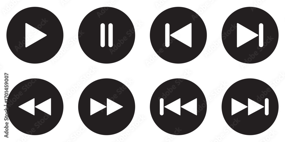 Poster play icon set. media player controls with play, pause, stop, record, rewind and forward vector illus