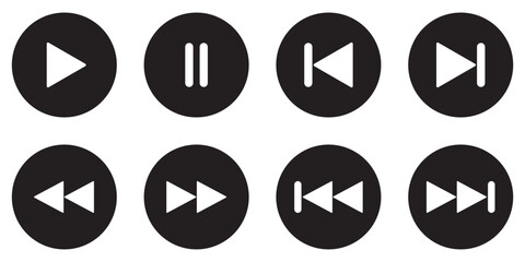 Play icon set. Media player controls with play, pause, stop, record, rewind and forward vector illustration. Universal video and music navigation symbol. Interface playback UI sign. Control pictogram