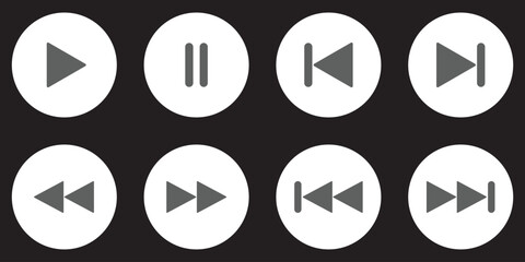 Play icon set. Media player controls with play, pause, stop, record, rewind and forward vector illustration. Universal video and music navigation symbol. Interface playback UI sign. Control pictogram
