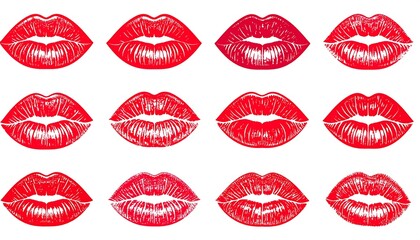 A collection of stylized, red lips, beautifully rendered in a textured graphic design.