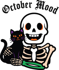 Vector of vector art of skeleton and black cat october mood