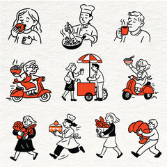 Culinary Lifestyle Illustrations &ndash; Eating, Cooking, Bakery, and Street Food Scenes