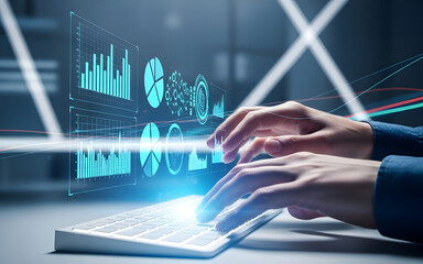 Data Analysis at the Forefront: A close-up shot of hands on a keyboard, surrounded by dynamic, glowing digital charts, visualizing the essence of data analysis. 