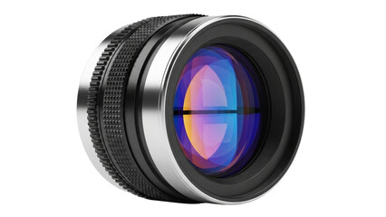 Camera lens close-up with rainbow reflection on black background