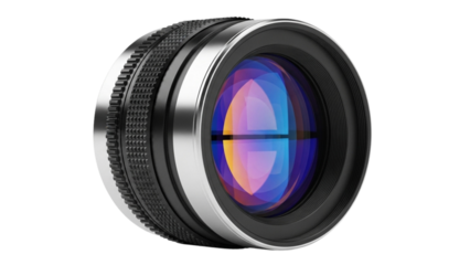 Camera lens close-up with rainbow reflection on black background