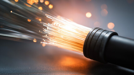 Close-up of optical fiber cable with black metal casing, glowing fiber strands emitting light, futuristic technology and data transmission concept, high detail textures, modern industrial background, 
