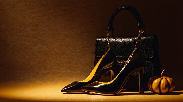 Elegant Black High Heels and Handbag Still Life Autumn Fashion Accessories Stylish Women s Footwear