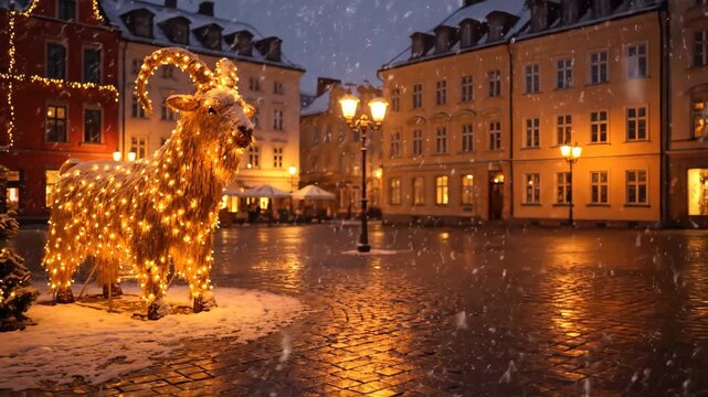 Yule Goat Christmas Illumination in Snowy Nordic Town Square