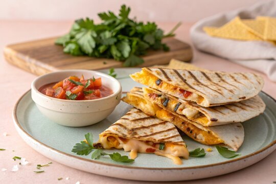 Delicious grilled cheese quesadillas served with a side of fresh salsa and garnished with parsley on a plate.