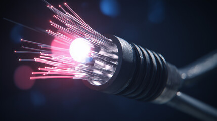 Close-up of optical fiber cable with black metal casing, glowing fiber strands emitting light, futuristic technology and data transmission concept, high detail textures, modern industrial background, 