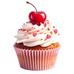 Vanilla cupcake with pink frosting and cherry topping