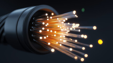 Close-up of optical fiber cable with black metal casing, glowing fiber strands emitting light, futuristic technology and data transmission concept, high detail textures, modern industrial background, 