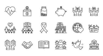 A collection of charity and donation icons, symbolizing various forms of support, aid, and community involvement, including healthcare, fundraising, volunteering, and humanitarian efforts