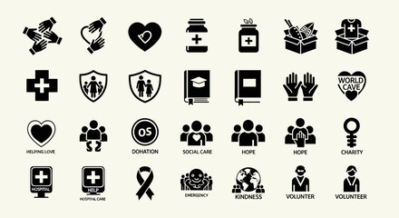 A comprehensive collection of solid glyph icons representing charity, humanitarian aid, social care, and community support concepts like hope and kindness