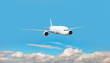 White passenger airplane flying in the sky amazing clouds in the background - Travel by air transport
