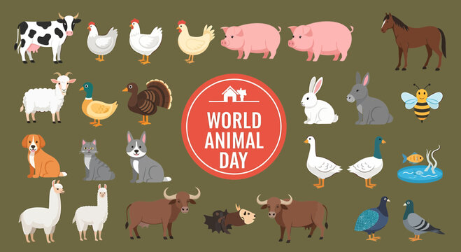 Celebrating World Animal Day with a Diverse Collection of Farm and Wild Animals