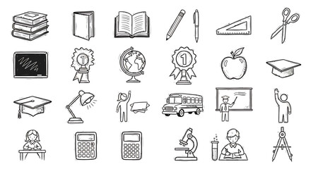 School and Education A collection of hand-drawn illustrations and icons for learning and knowledge