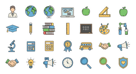 Colorful collection of flat design school and education icons representing learning, knowledge, and academics