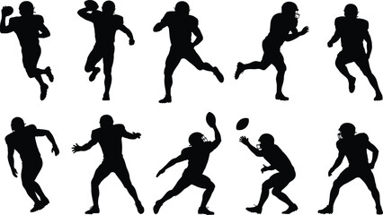 American football player silhouettes, action poses running catching throwing ball, sports athlete training, competition game illustration, teamwork strategy vector design