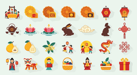 Fototapeta premium Illustration set of mid autumn festival elements includes mooncakes, lanterns, tea, lotus flowers, rabbits, pears, osmanthus, children, dragons, lion dance, and other traditional symbols