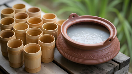 A traditional clay pot filled with rice beer (haria) next to many bamboo cups outdoors.