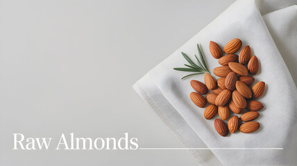 Healthy raw almonds scattered on a clean white cloth with a sprig of rosemary
