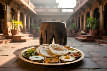 Authentic Indian thali meal served in a courtyard, a vibrant taste of tradition