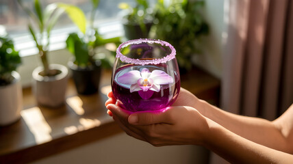 Delicate hands gently hold a vibrant purple drink with a flower garnish, bathed in soft sunlight.