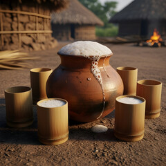 Traditional clay pot overflowing with rice beer (haria), surrounded by rustic bamboo cups outdoors