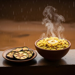 Warm, comforting meal khichuri steaming in a bowl with grilled eggplant on the side, evoking coziness.