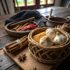 Aromatic spices and fresh garlic arranged on a rustic wooden table, ready for cooking.