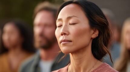 Mixed ethnicity group practices mindfulness in an outdoor setting during a serene gathering