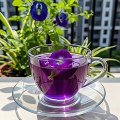 Refreshing purple herbal tea infused with butterfly pea flowers, served in a clear glass cup on a sunny day.
