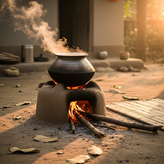 Rustic cooking pot steams over a traditional clay stove with glowing embers and warm sunlight.