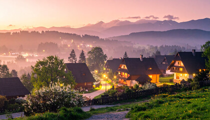 Fototapeta premium Scenic rural mountain houses with fog and golden dawn