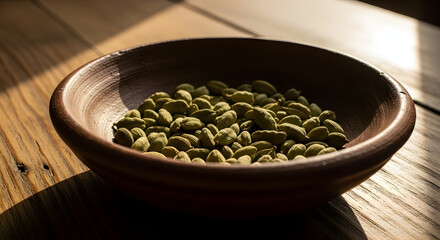 Warm sunlight illuminates a rustic bowl filled with aromatic green cardamom pods on a textured wooden surface.