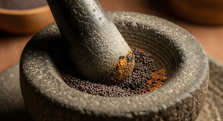 Grinding aromatic spices with a stone mortar and pestle for culinary preparation.